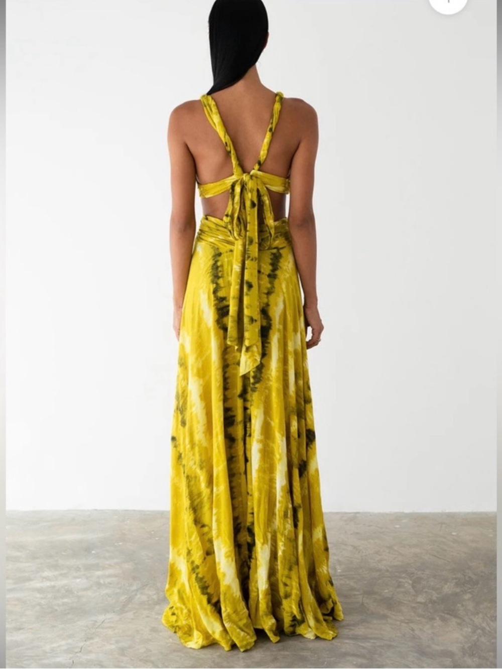 Backless Yellow Tie-Dye Maxi Dress with Bow Detail
